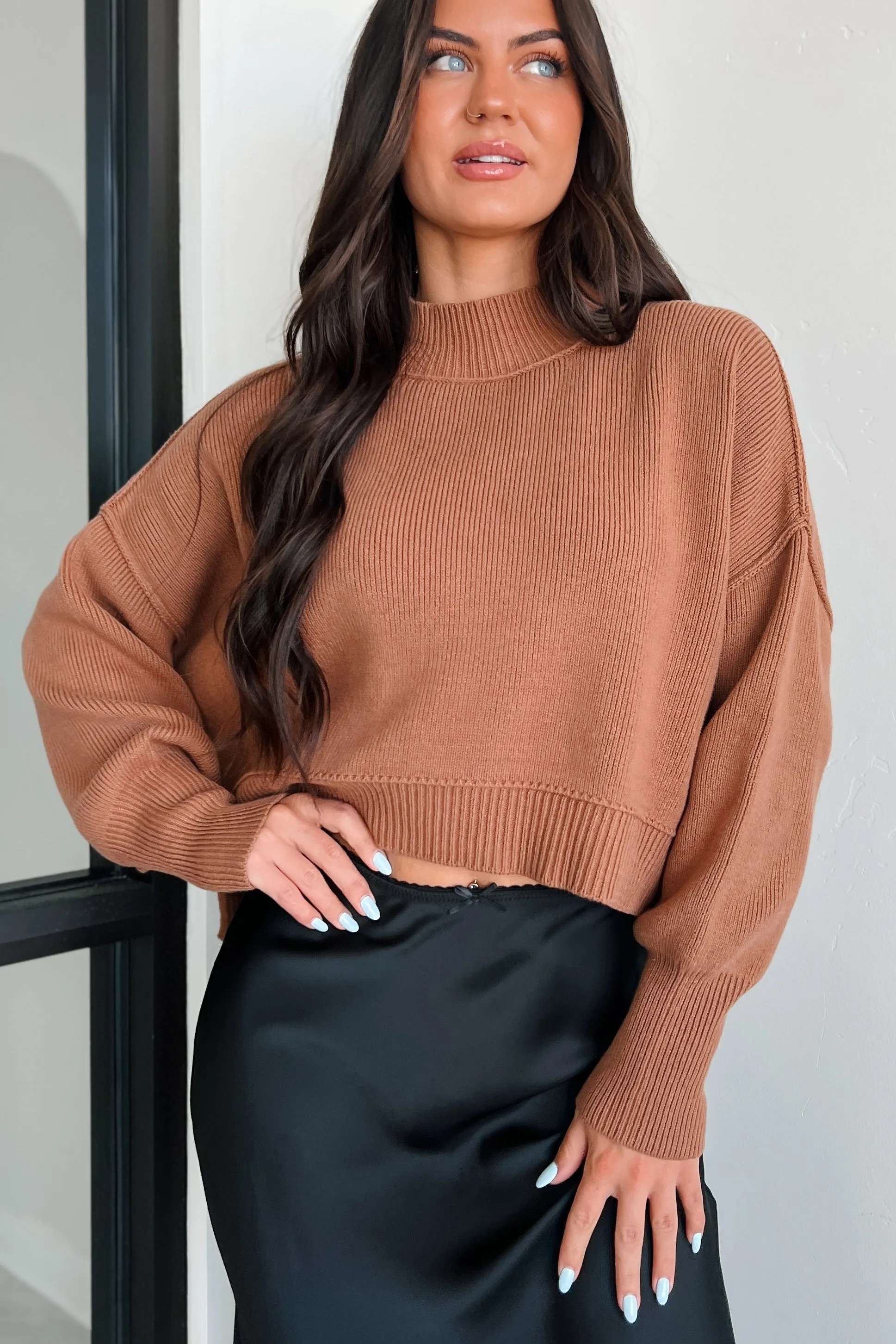 Cheerful Charm Oversized Zenana Crop Sweater (Deep Camel)