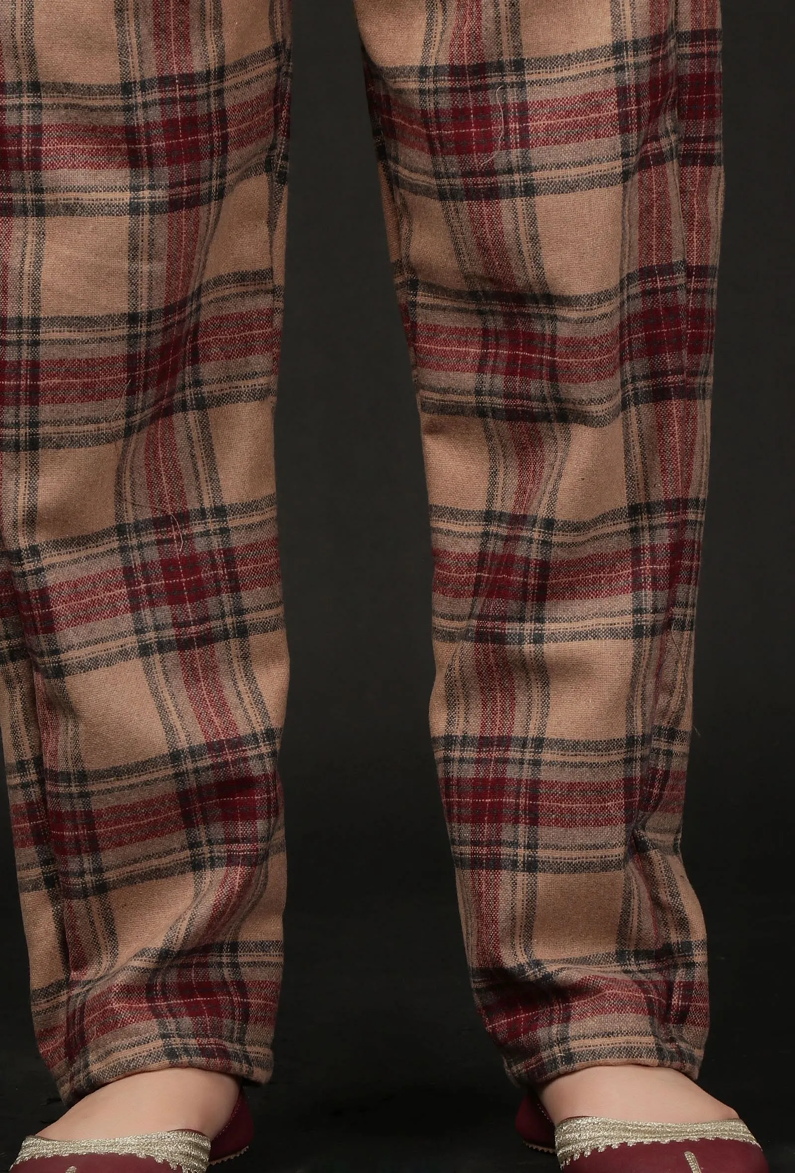 Chestnut Brown Woven Tartan Checks Woolen Straight Pants