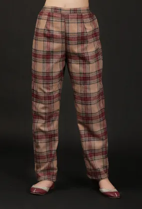 Chestnut Brown Woven Tartan Checks Woolen Straight Pants