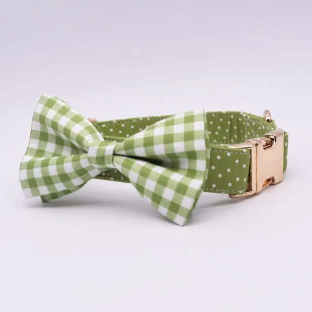 Classic Green Polka Dots Bow  ID Collar And Leash Set: Personalized