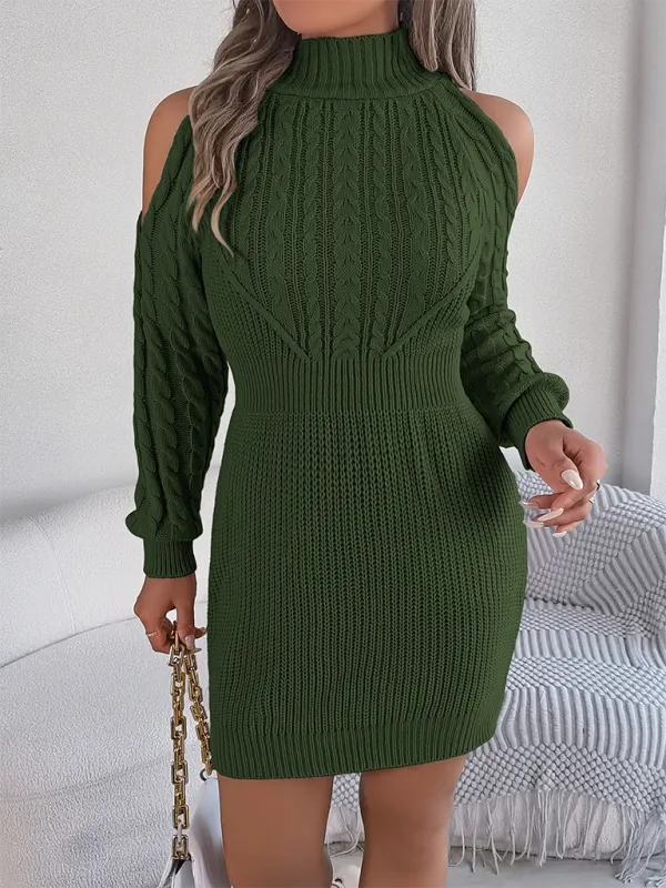 Cold-shoulder Turtleneck Cables & Ribs Knit Mini Dress