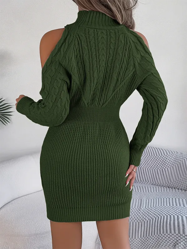 Cold-shoulder Turtleneck Cables & Ribs Knit Mini Dress