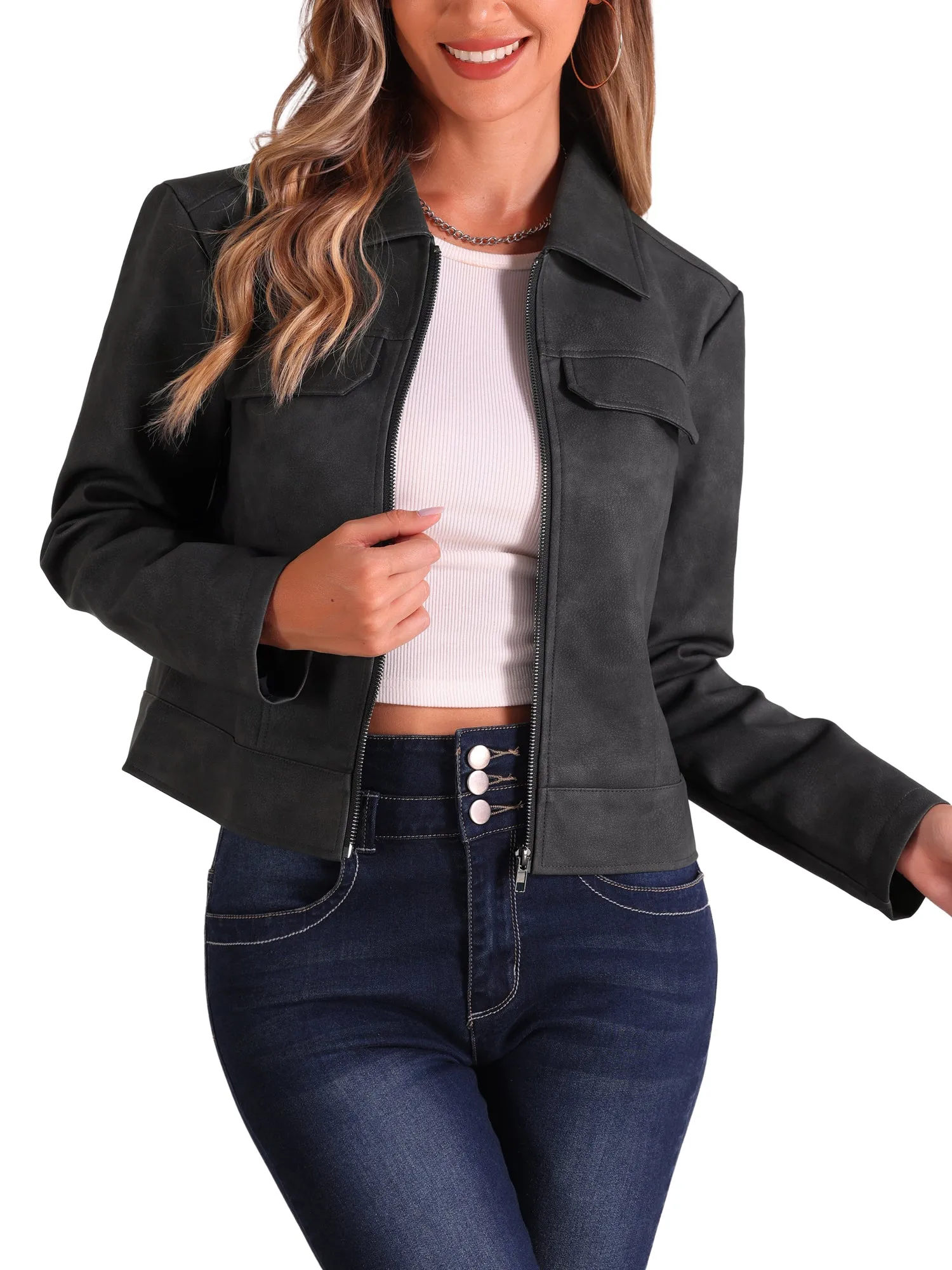 Collar Faux Leather Zip Up Long Sleeve Casual Cropped Jacket