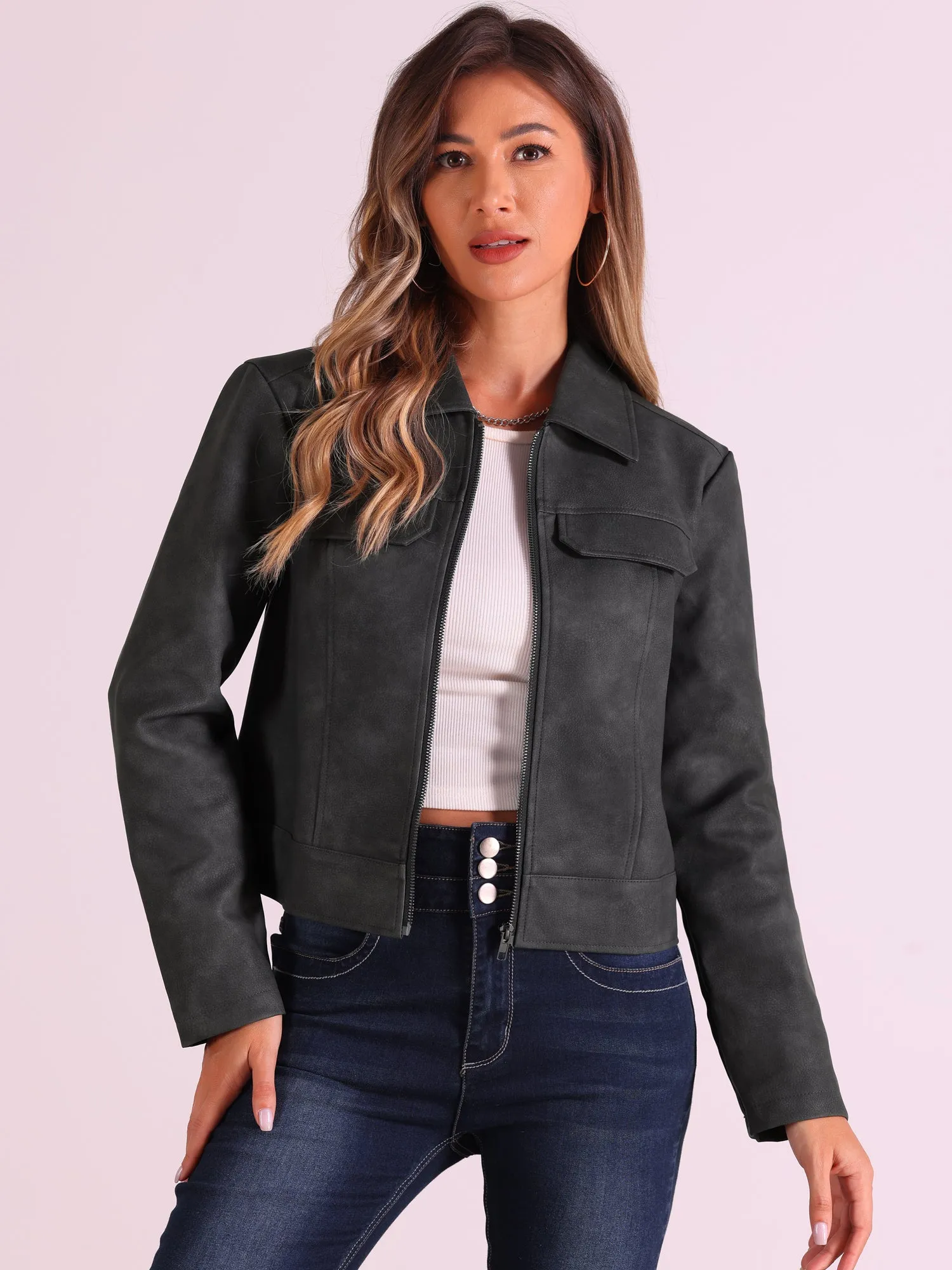 Collar Faux Leather Zip Up Long Sleeve Casual Cropped Jacket