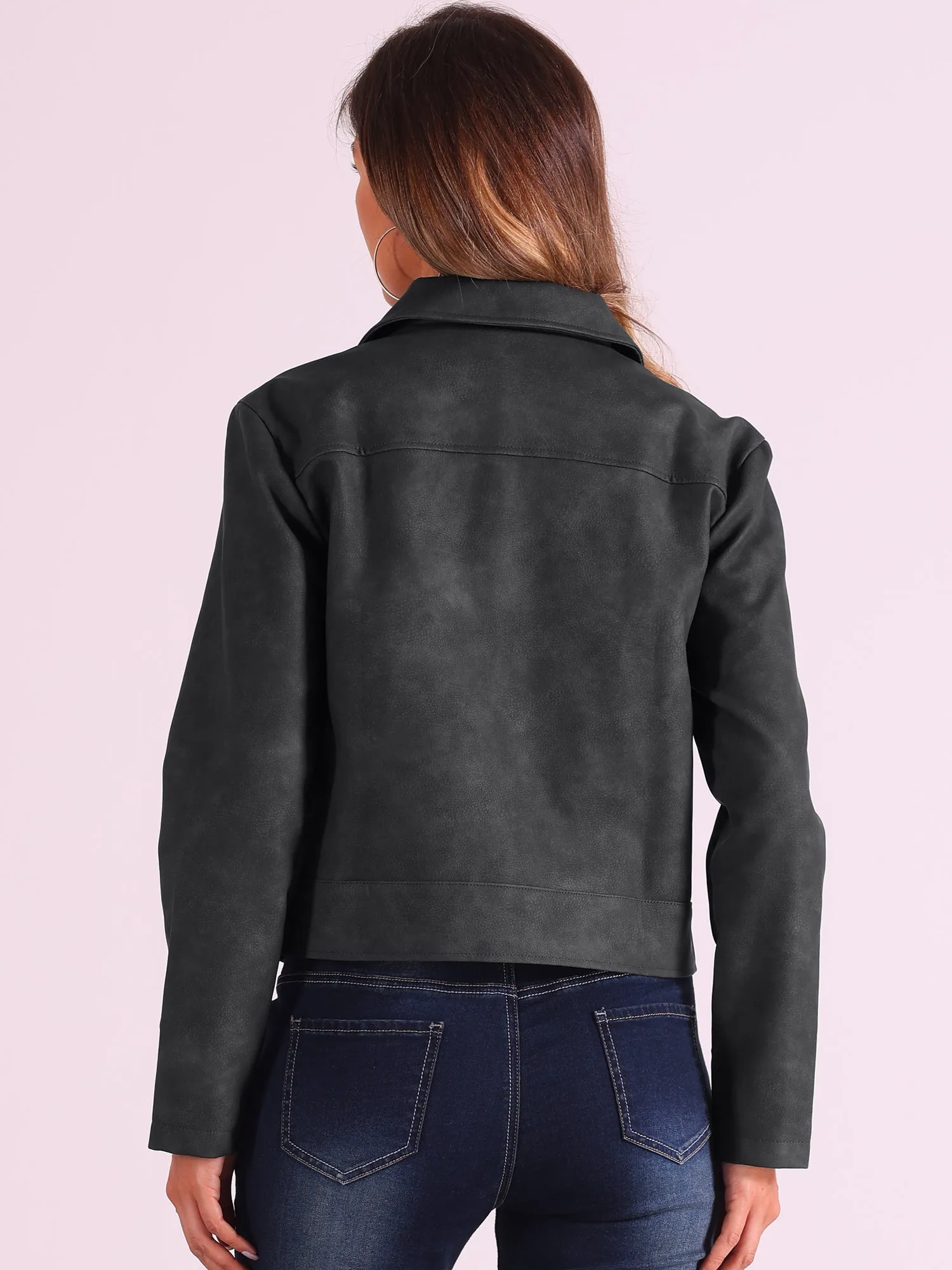 Collar Faux Leather Zip Up Long Sleeve Casual Cropped Jacket