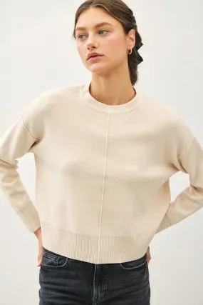 Cropped Solid Crew Neck Sweater with Raised Seam