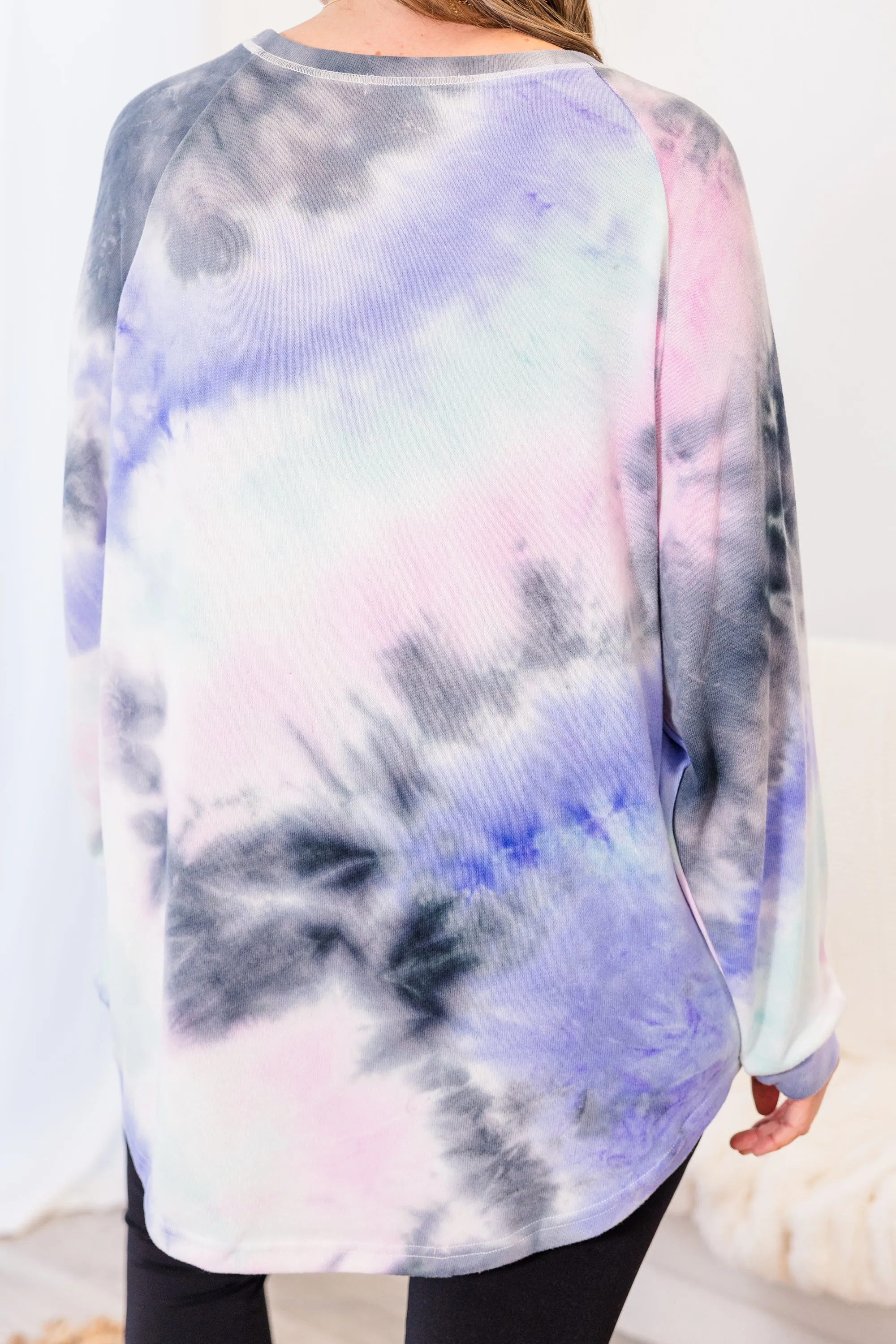 Curved Hem Slouchy Dolman Tunic, Tie Dye Pink & Blue