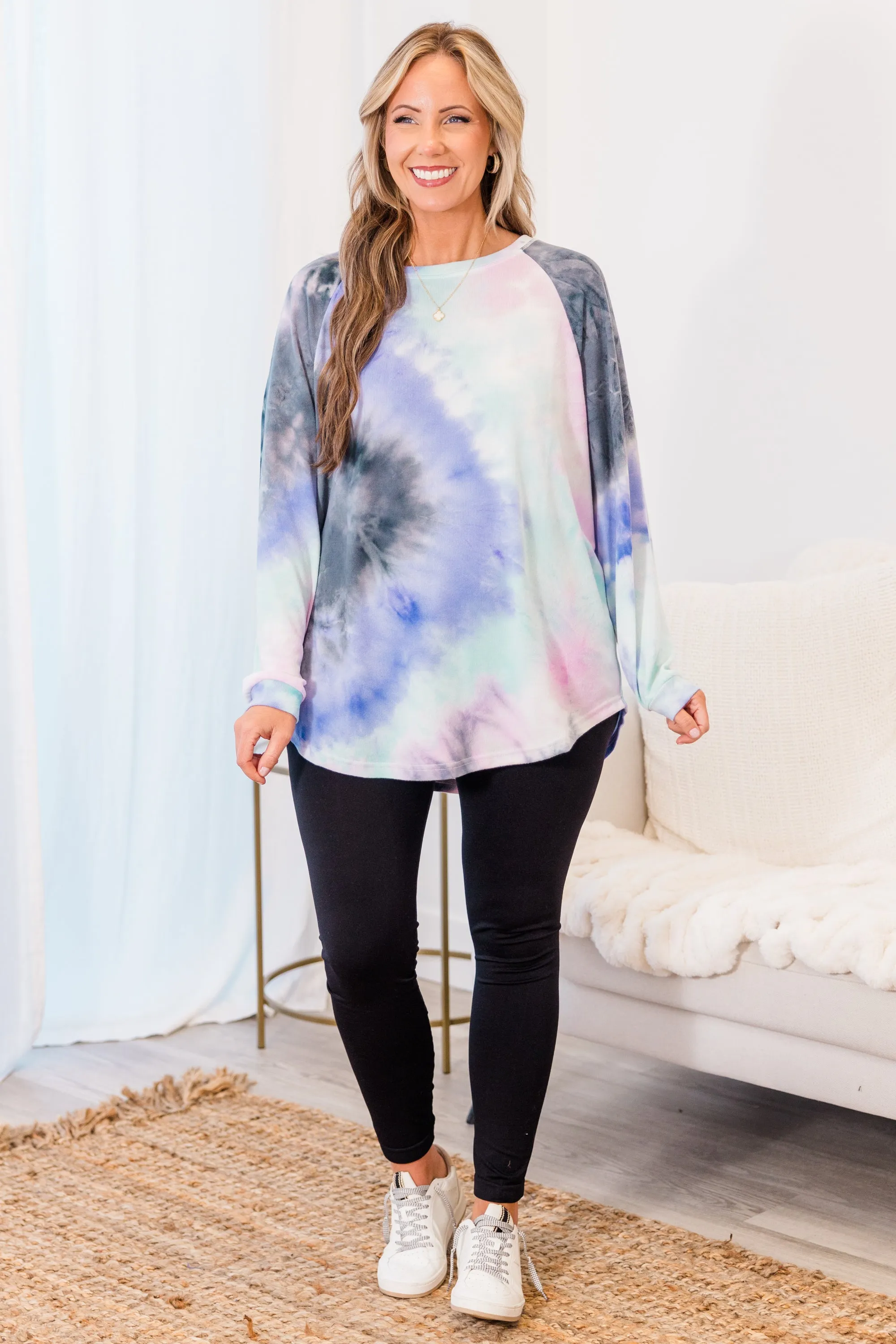 Curved Hem Slouchy Dolman Tunic, Tie Dye Pink & Blue