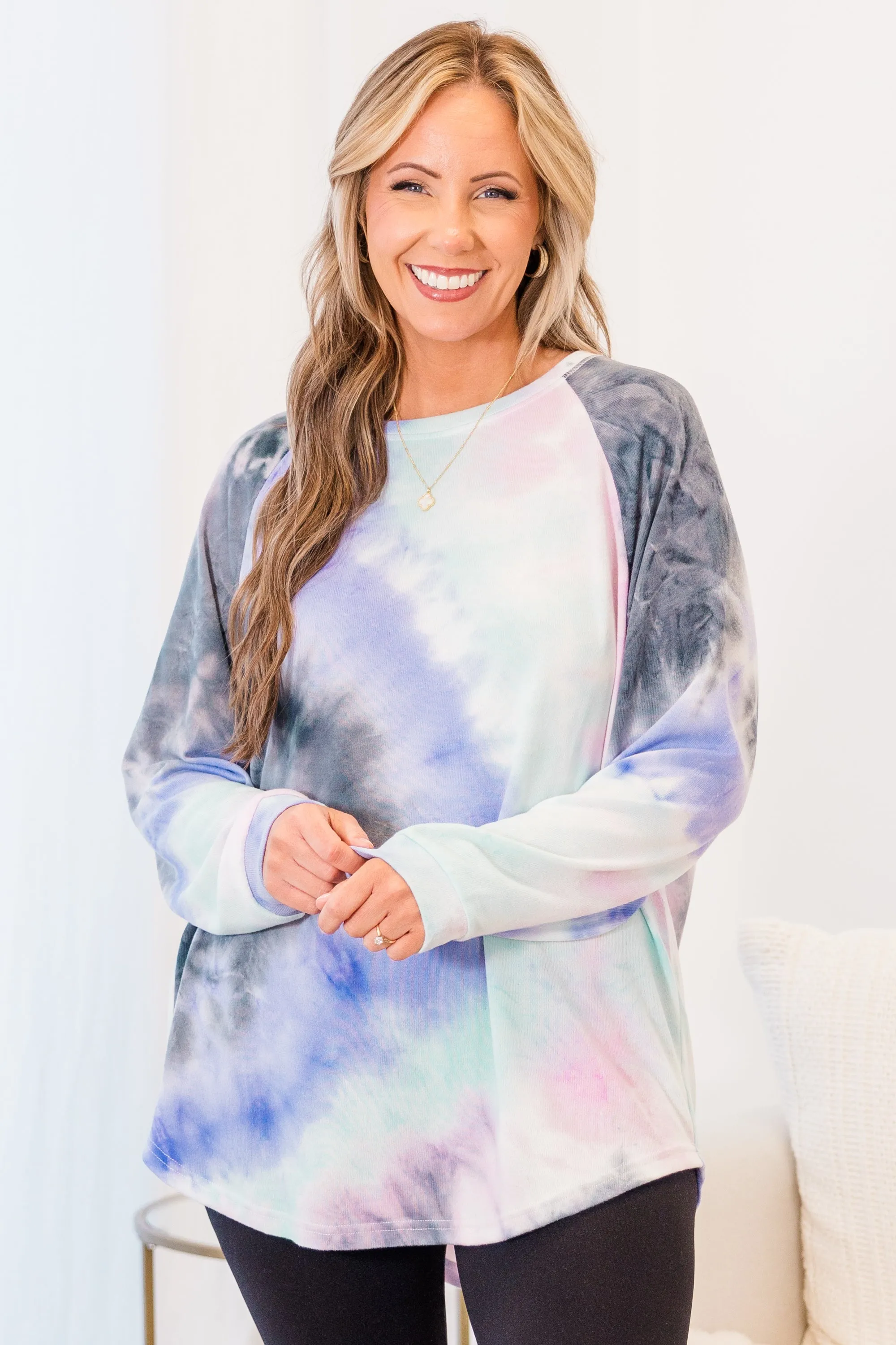 Curved Hem Slouchy Dolman Tunic, Tie Dye Pink & Blue