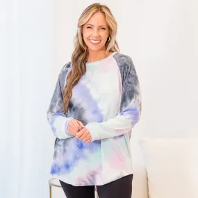 Curved Hem Slouchy Dolman Tunic, Tie Dye Pink & Blue