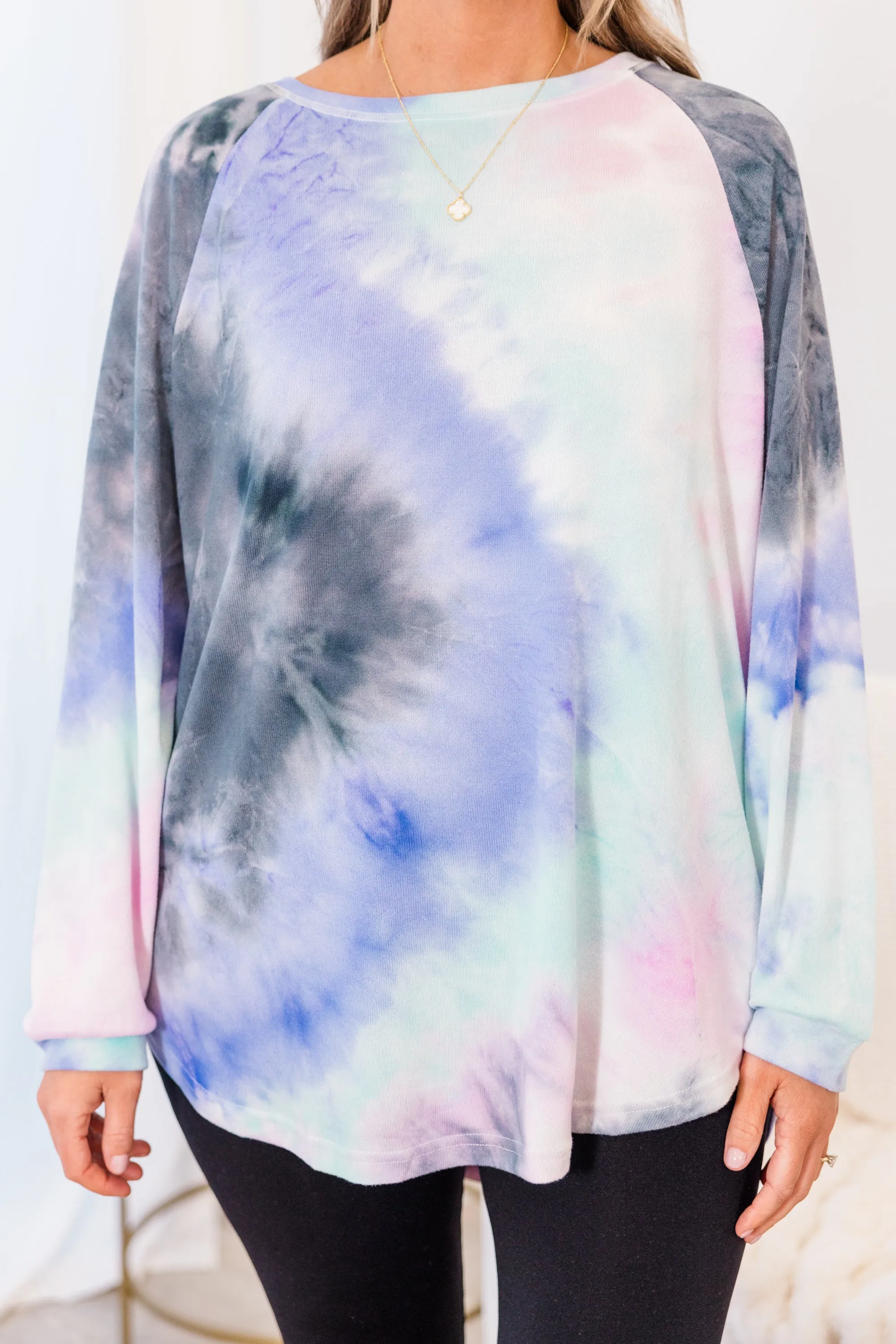 Curved Hem Slouchy Dolman Tunic, Tie Dye Pink & Blue