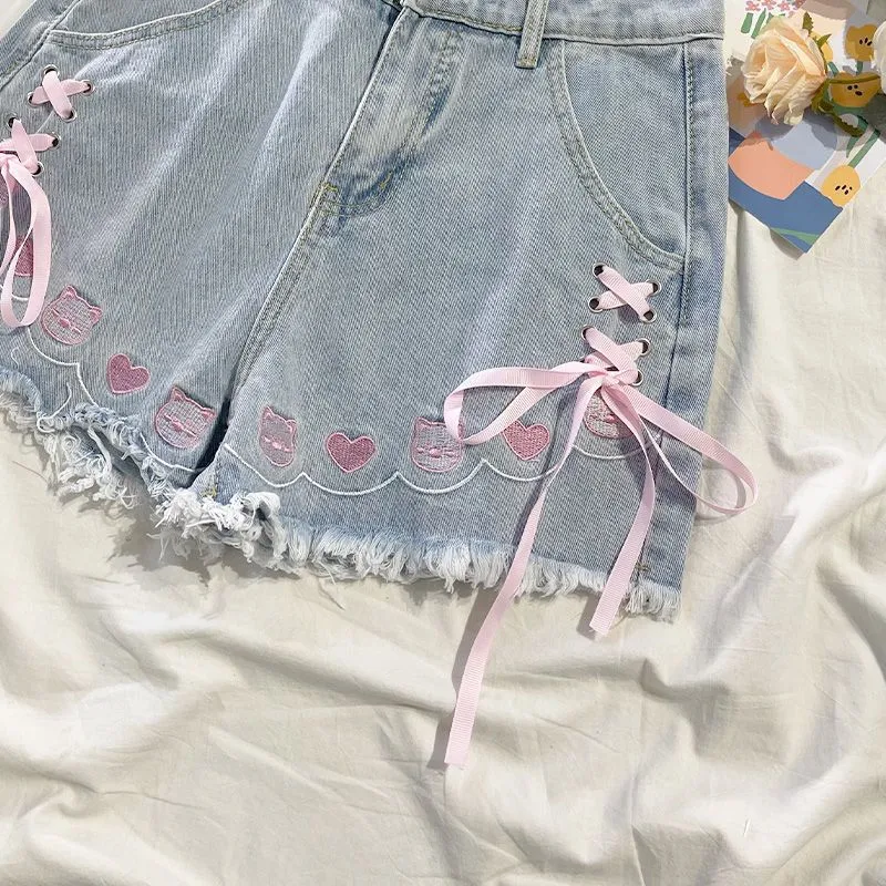 Cute Y2K Cat Embroidered Criss Bow Ripped Denim Shorts