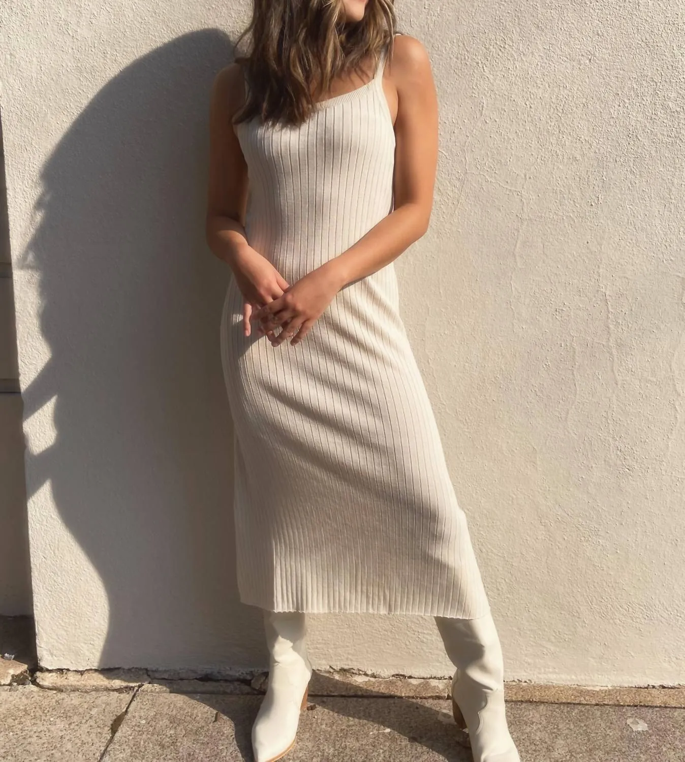 Don'T Give A Slip Ribbed Knit Square Neck Midi Dress in Natural