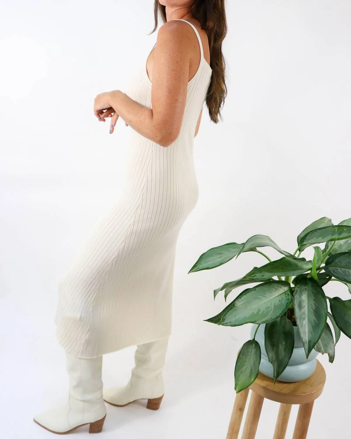 Don'T Give A Slip Ribbed Knit Square Neck Midi Dress in Natural