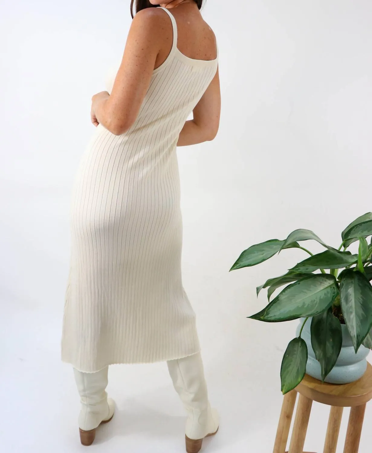 Don'T Give A Slip Ribbed Knit Square Neck Midi Dress in Natural