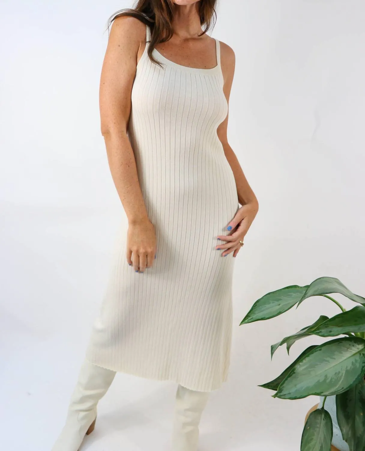 Don'T Give A Slip Ribbed Knit Square Neck Midi Dress in Natural