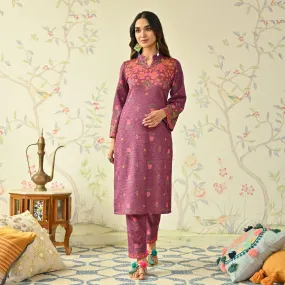 Dusty Pink Floral Woollen Kurta Set with Bell Sleeves