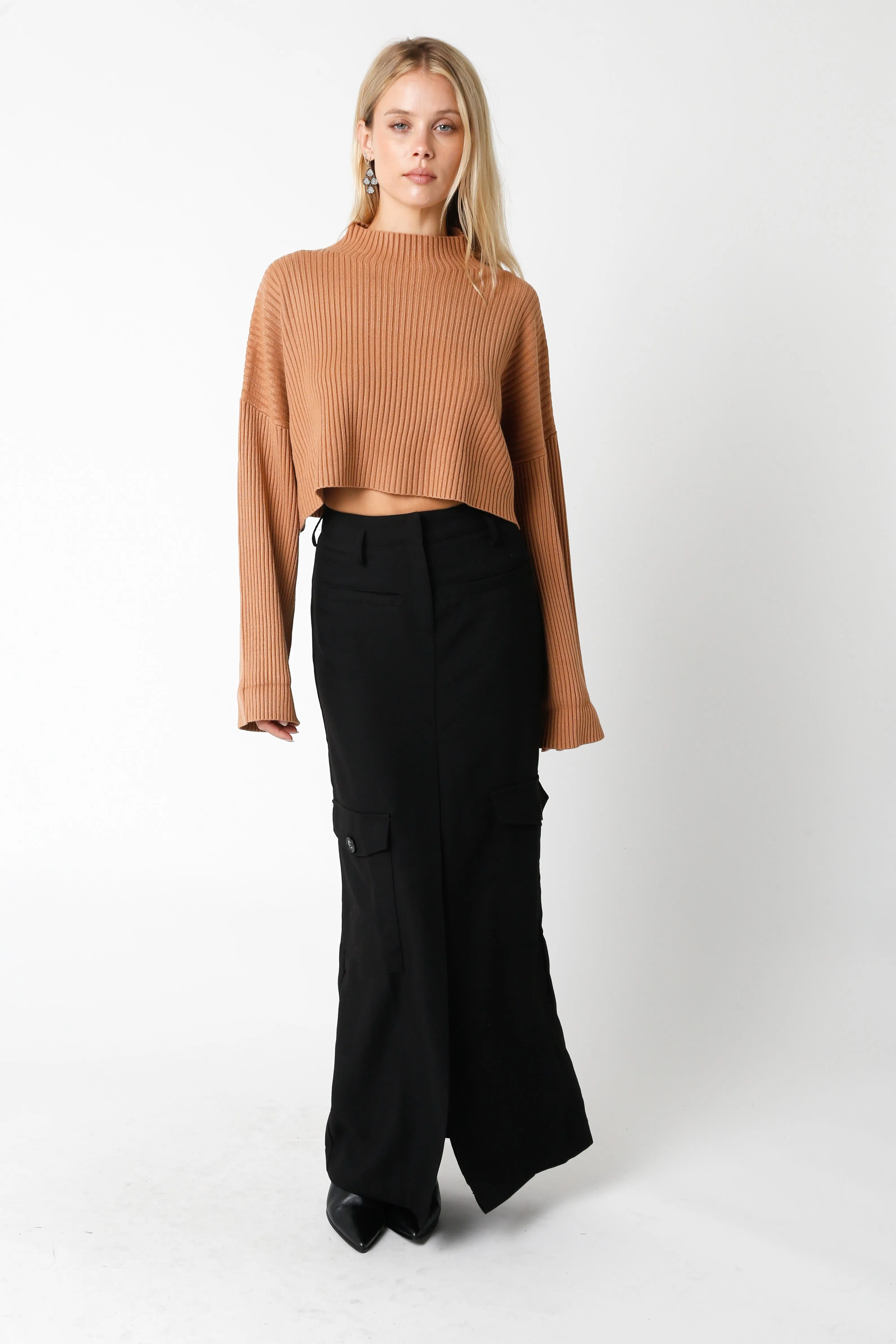 East Side Mocha Ribbed Knit Mock Neck Sweater