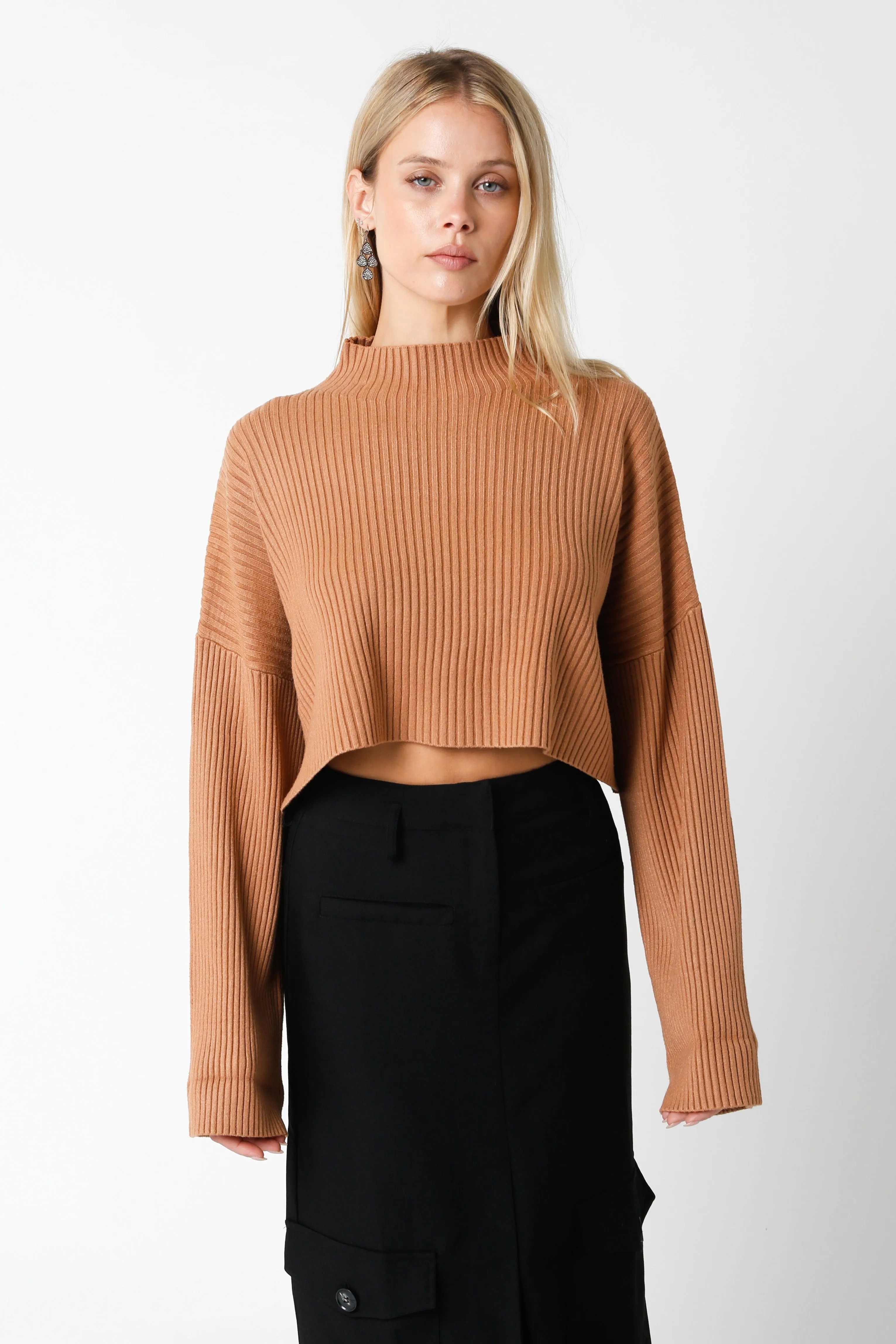 East Side Mocha Ribbed Knit Mock Neck Sweater