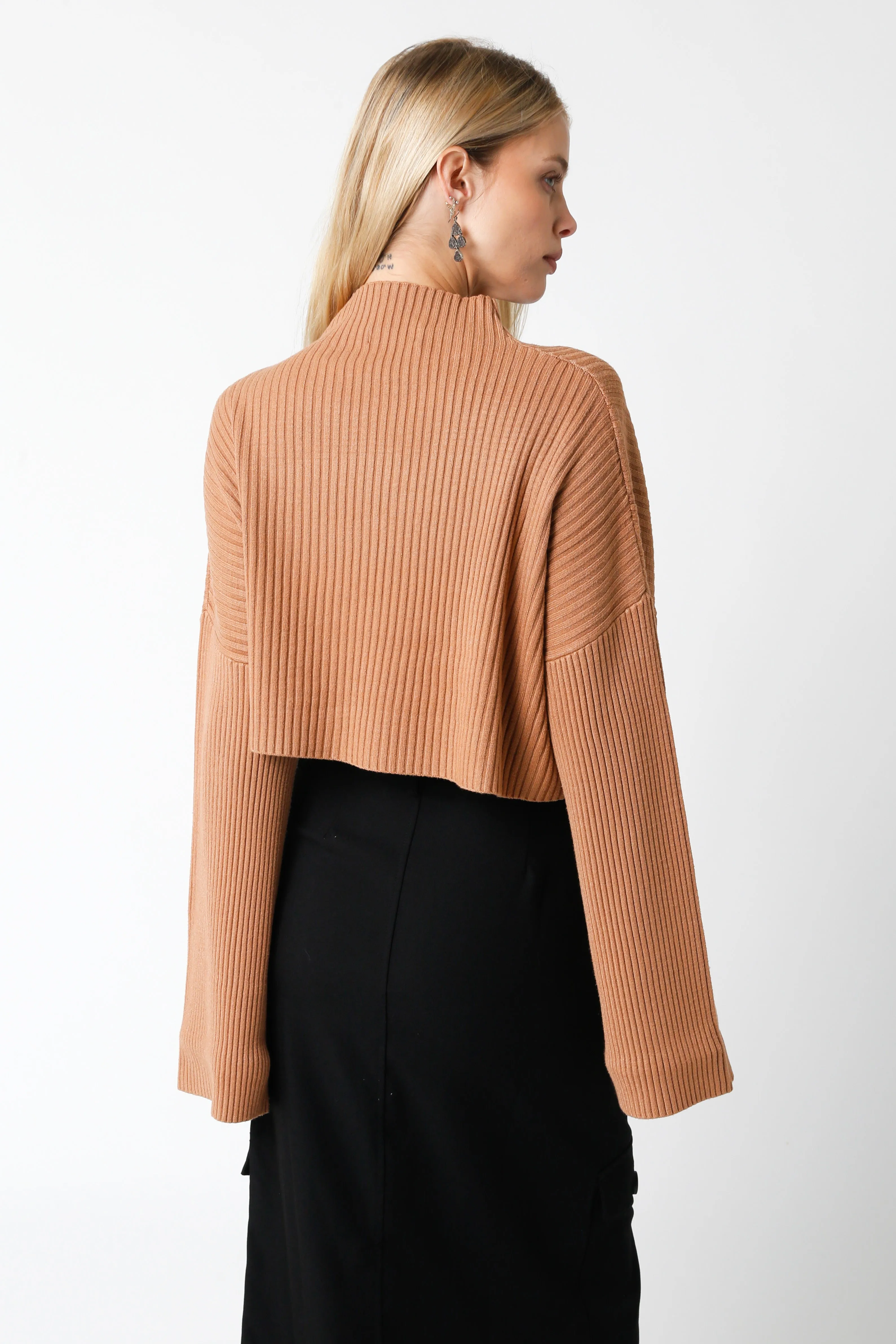 East Side Mocha Ribbed Knit Mock Neck Sweater