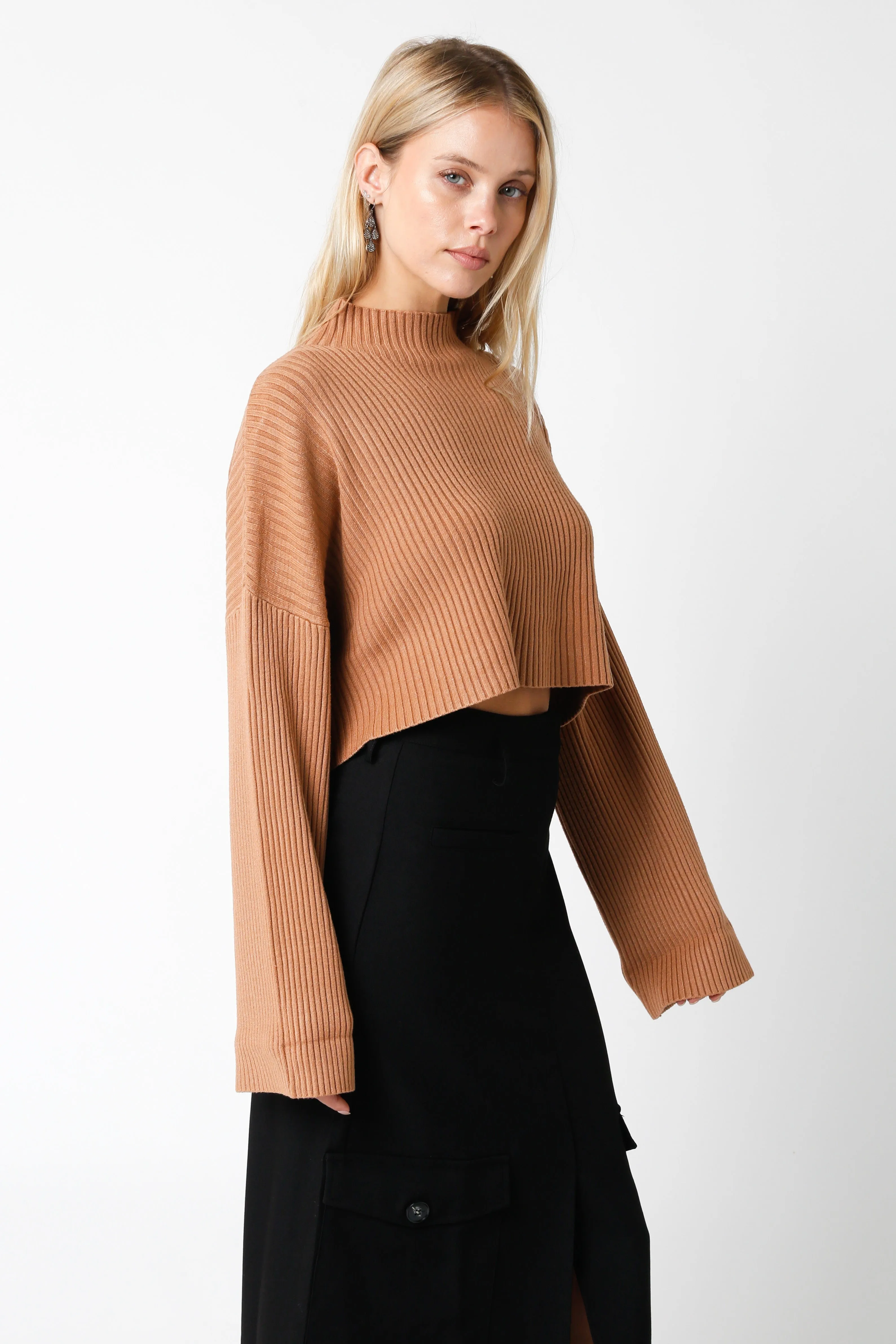 East Side Mocha Ribbed Knit Mock Neck Sweater