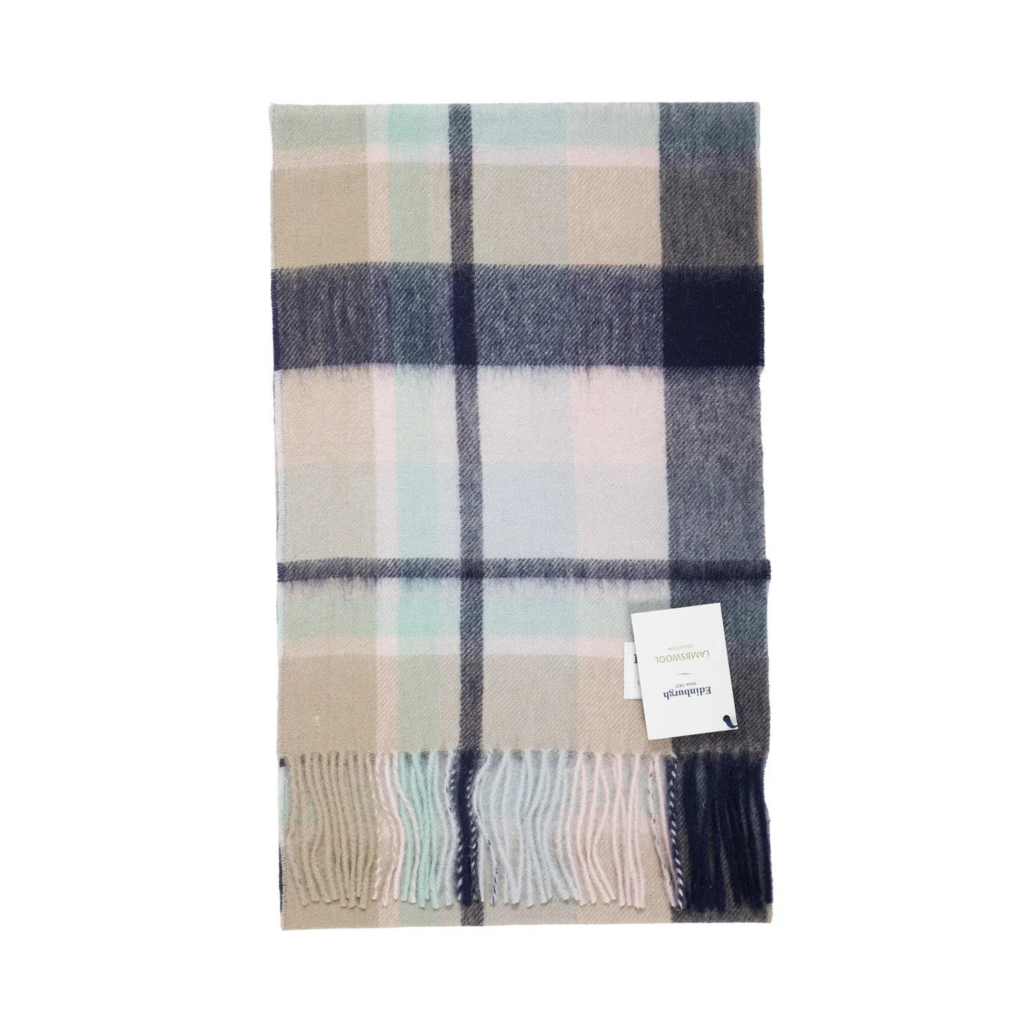 Edinburgh 100% Lambswool Tartan Scarf Myriad Check - Navy/Greige/Light Blue