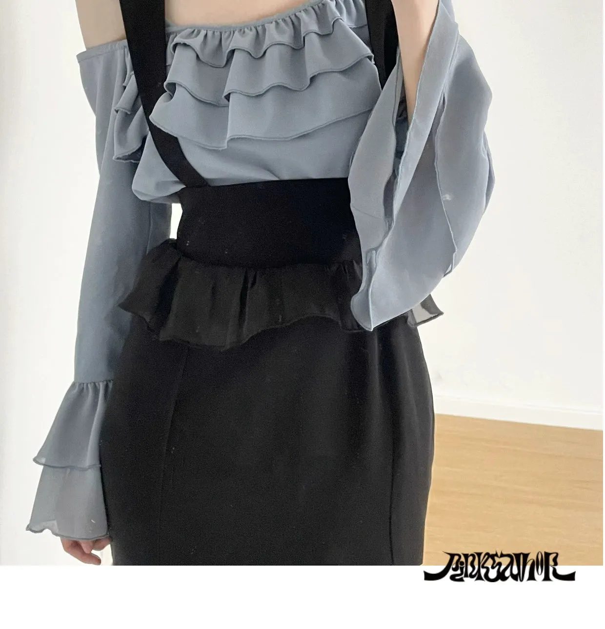 Elegant Outfit Set Chiffon Blouse Suspender Skirt Set