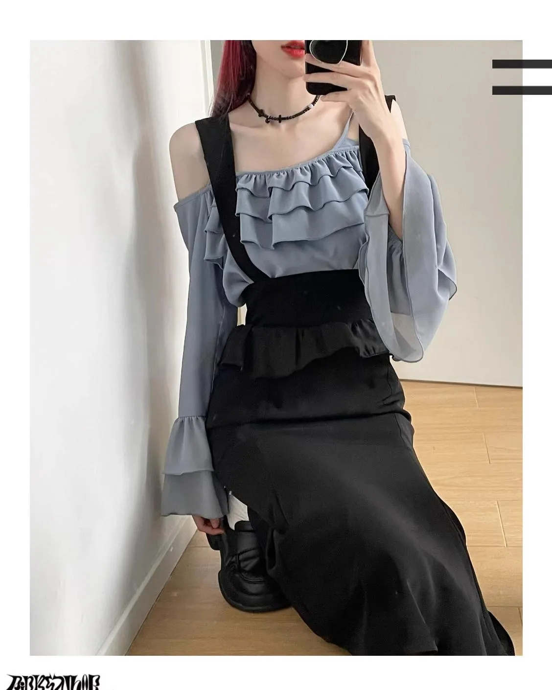 Elegant Outfit Set Chiffon Blouse Suspender Skirt Set