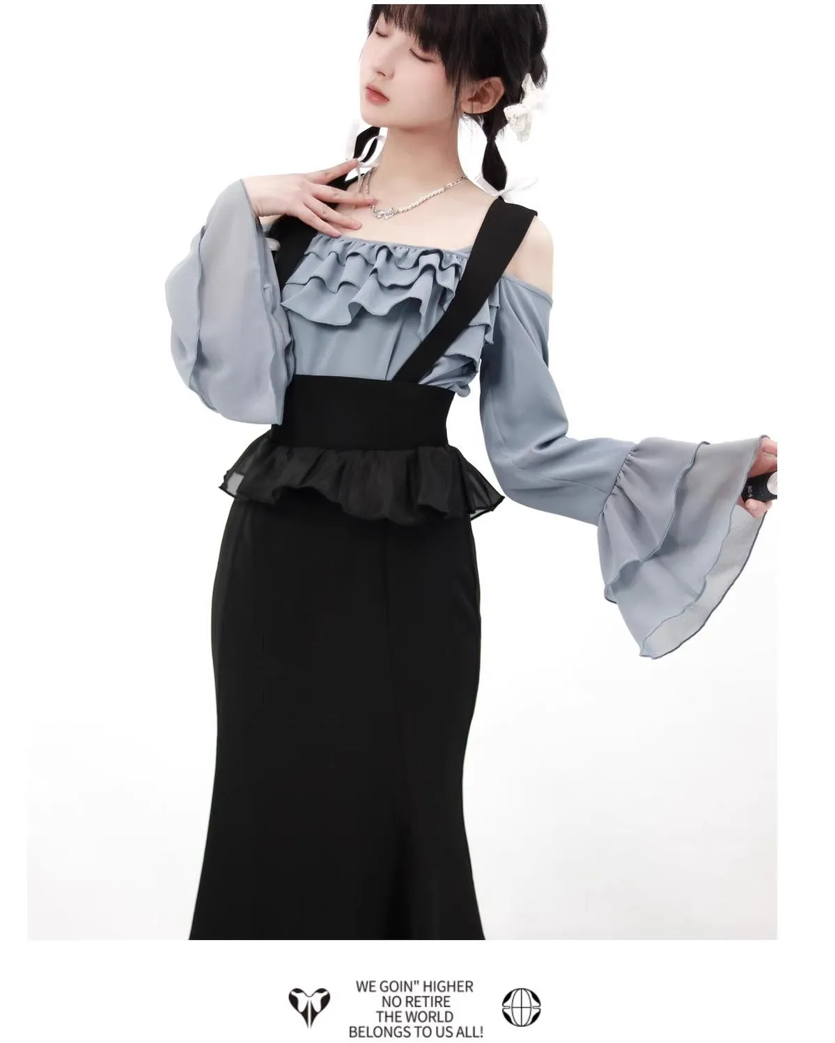 Elegant Outfit Set Chiffon Blouse Suspender Skirt Set