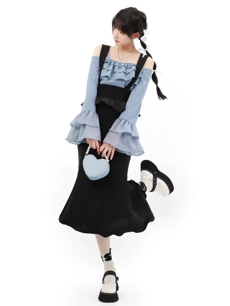 Elegant Outfit Set Chiffon Blouse Suspender Skirt Set