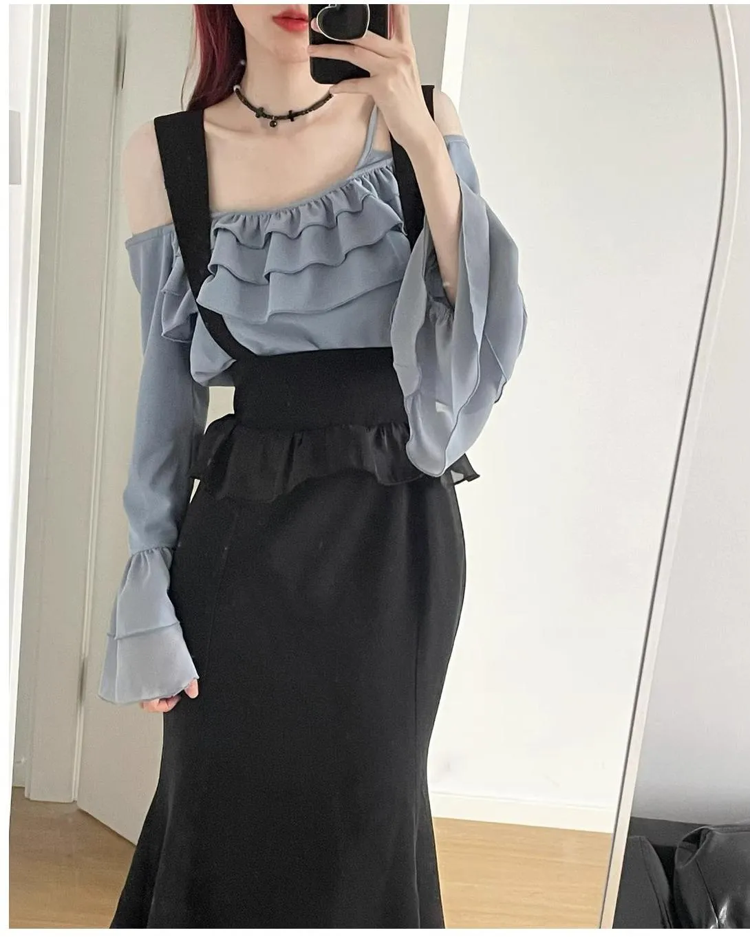 Elegant Outfit Set Chiffon Blouse Suspender Skirt Set