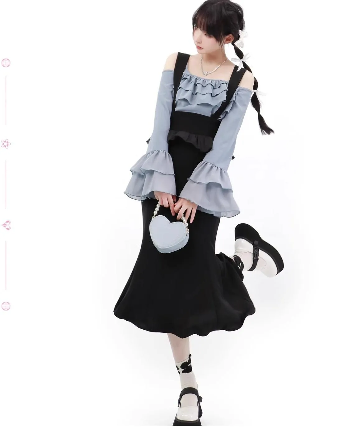 Elegant Outfit Set Chiffon Blouse Suspender Skirt Set