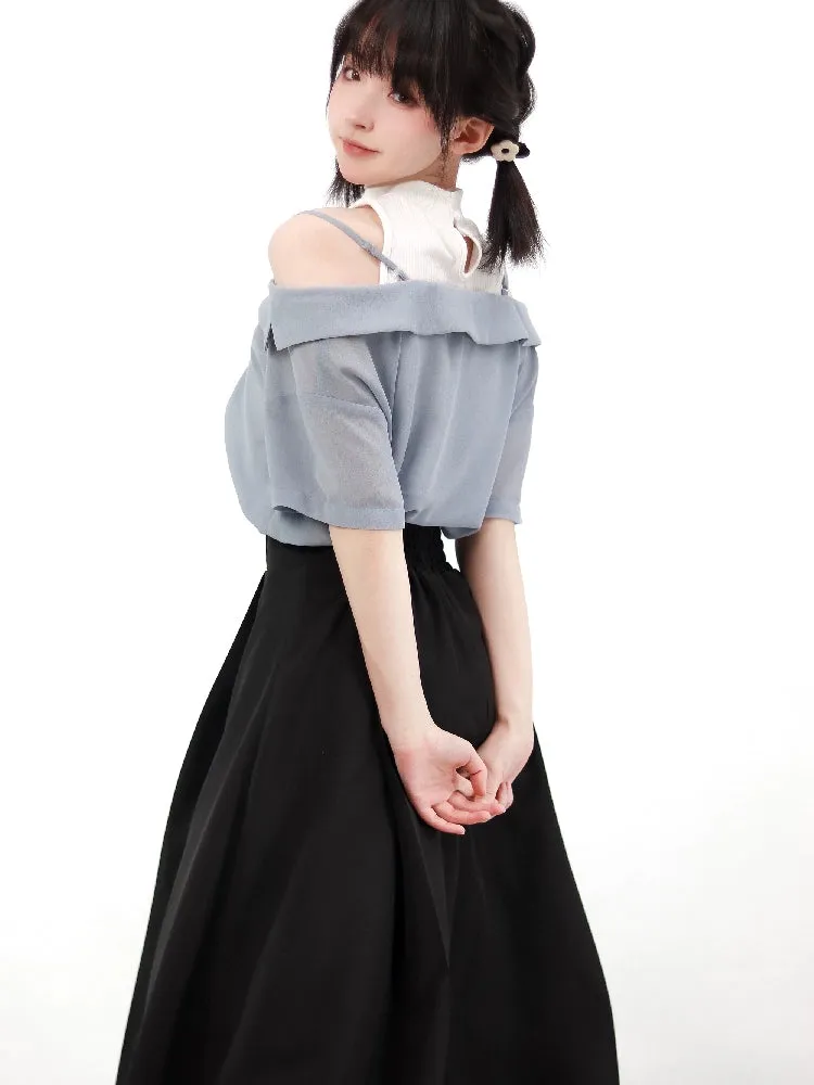 Elegant Outfit Set Chiffon Blouse Suspender Skirt Set