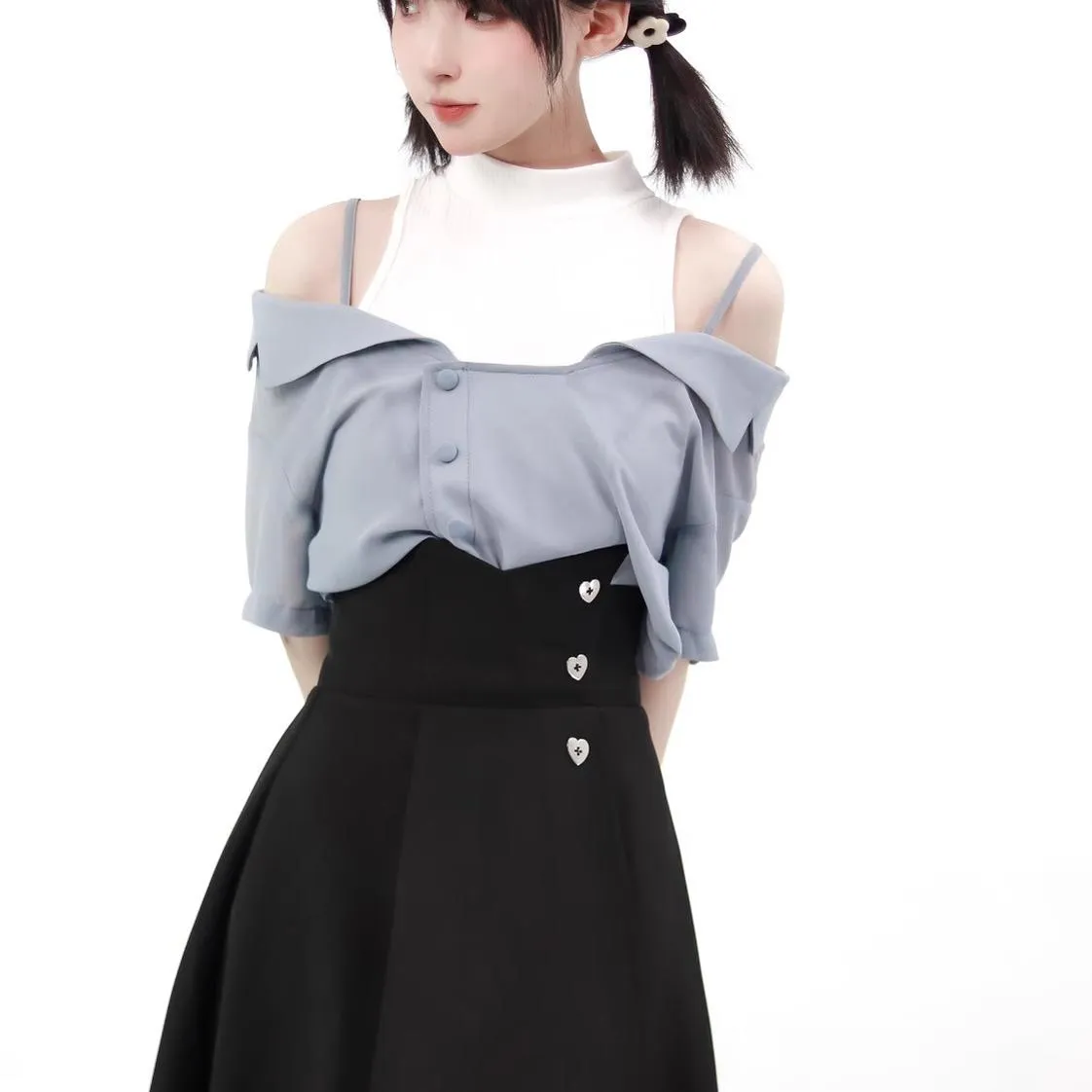 Elegant Outfit Set Chiffon Blouse Suspender Skirt Set