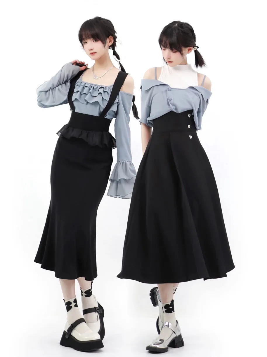 Elegant Outfit Set Chiffon Blouse Suspender Skirt Set