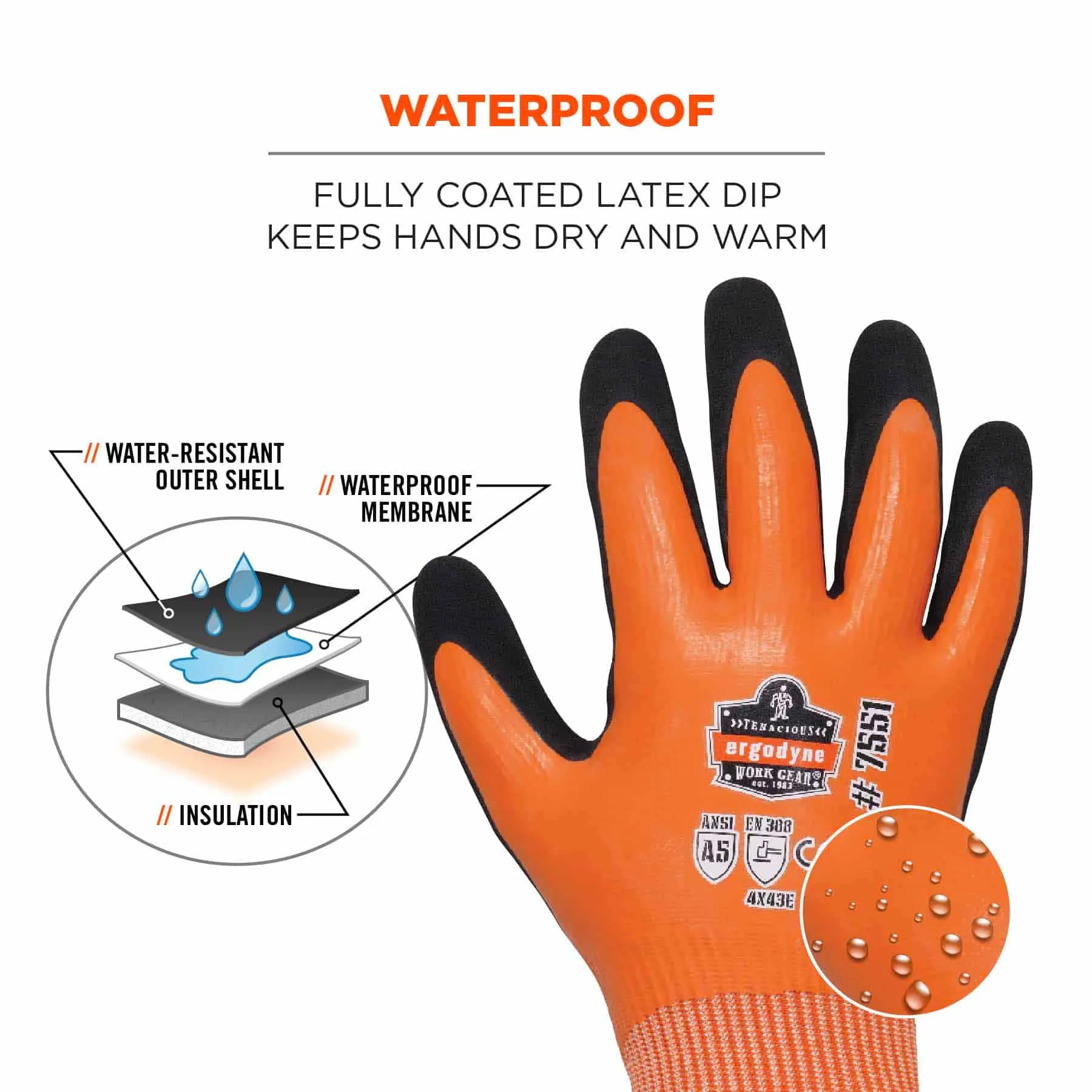 Ergodyne 17994 7551-CASE L Orange ANSI A5 Coated Waterproof CR Gloves 144-Pair