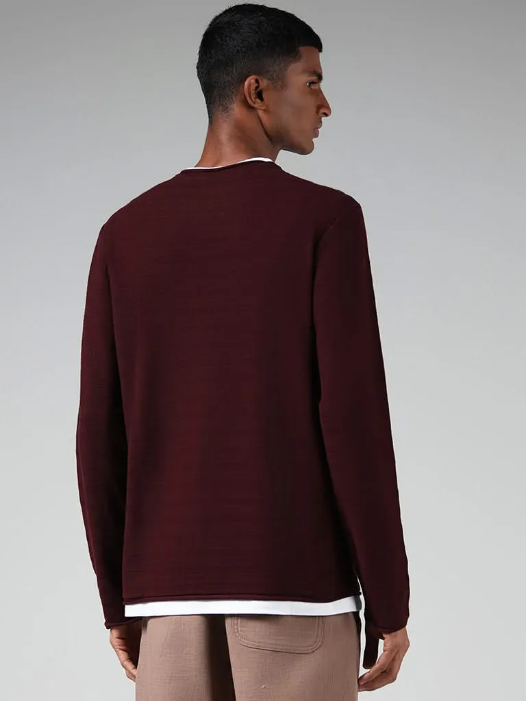 ETA Maroon Self Striped Slim-Fit T-Shirt