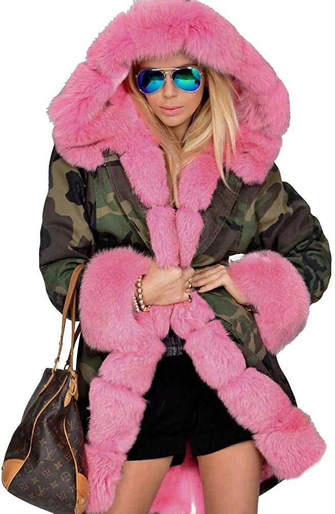 Faux Fur Lined Pink Fur Anoraks Outwear Winter Long Warm Coats