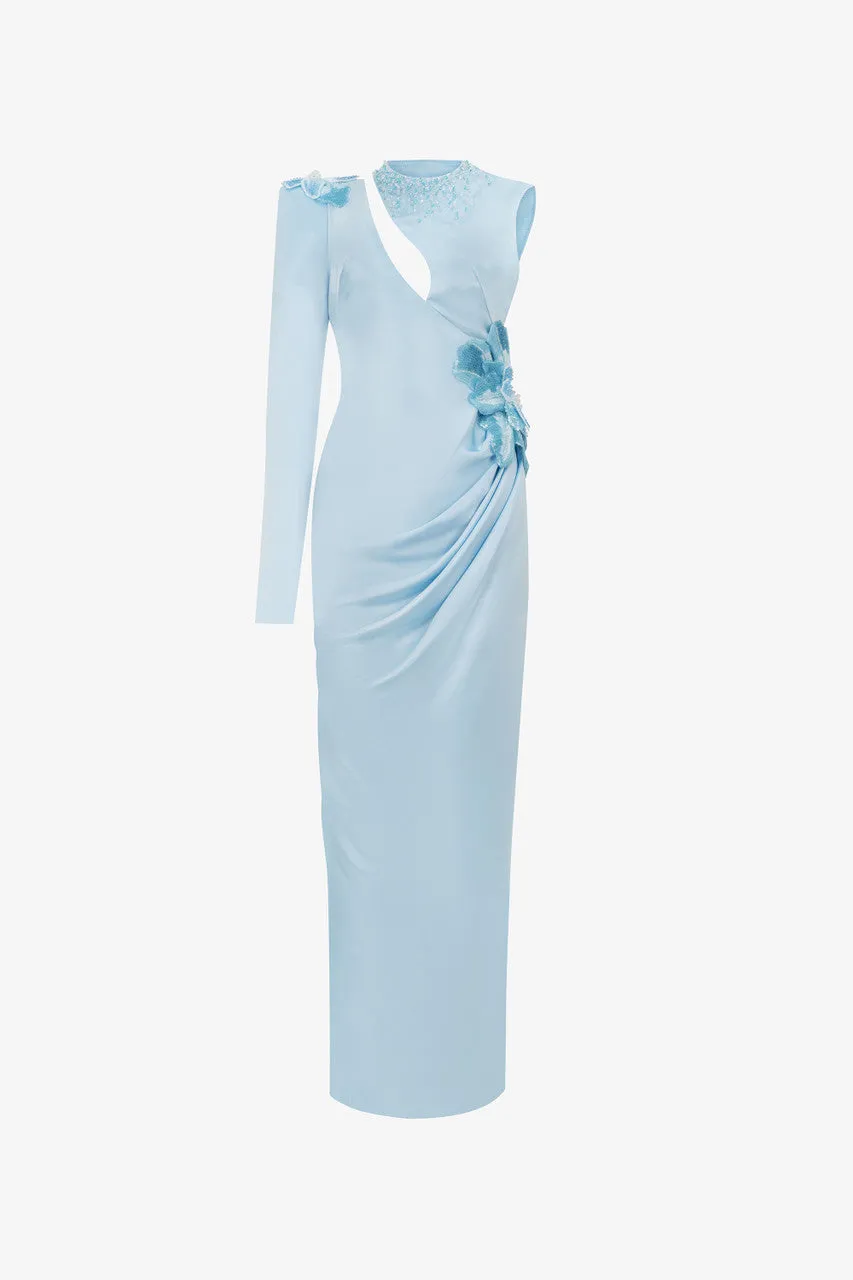 Floral Accent Waist Baby Blue Silk Maxi Dress