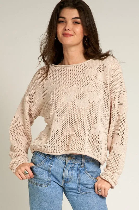 FLOWER PATTERN CROCHET SWEATER (BEIGE)