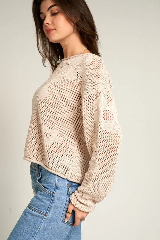 FLOWER PATTERN CROCHET SWEATER (BEIGE)