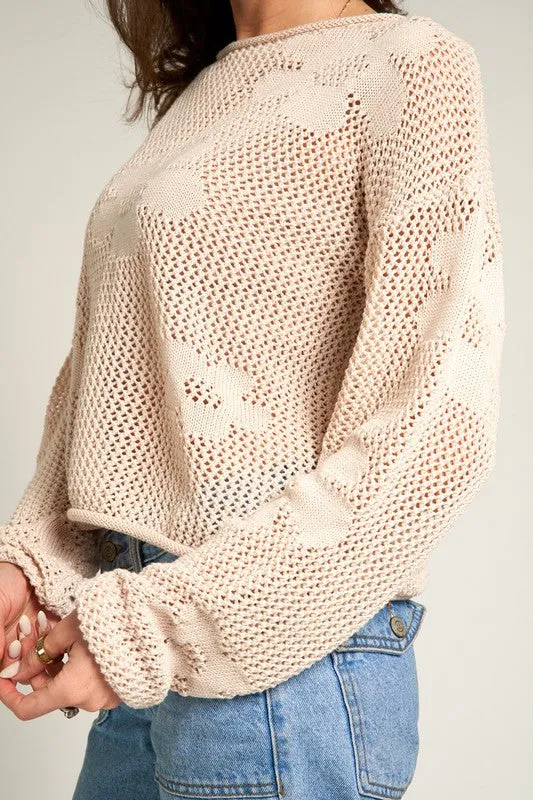 FLOWER PATTERN CROCHET SWEATER (BEIGE)