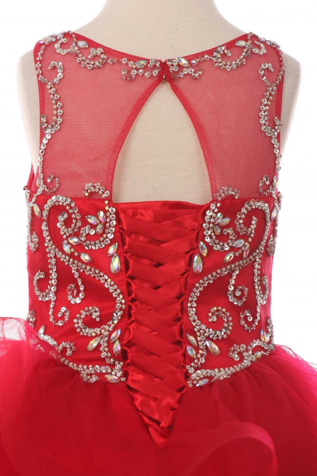 Girls Beaded Illusion Sleeveless Ball Gown with Layered Skirt 8003