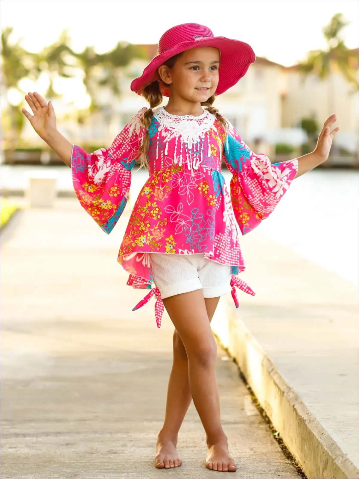 Girls Crochet Fringe Bib Boho Sleeve Tunic And Cuffed Bow Short Set