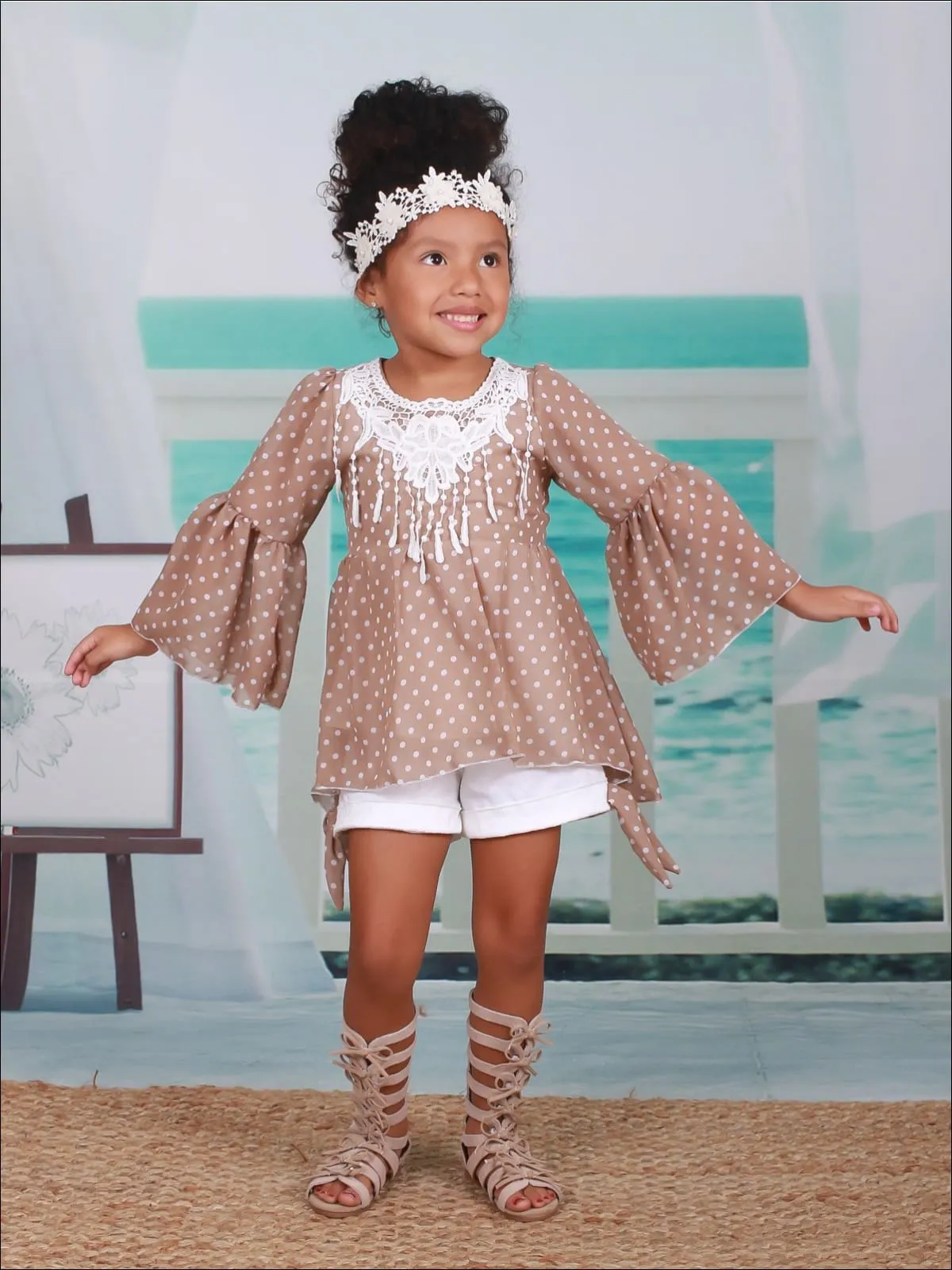 Girls Crochet Fringe Bib Boho Sleeve Tunic And Cuffed Bow Short Set