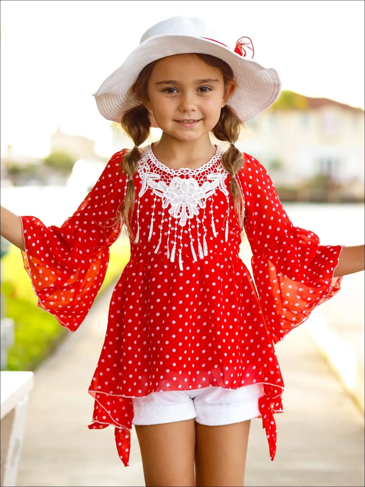 Girls Crochet Fringe Bib Boho Sleeve Tunic And Cuffed Bow Short Set