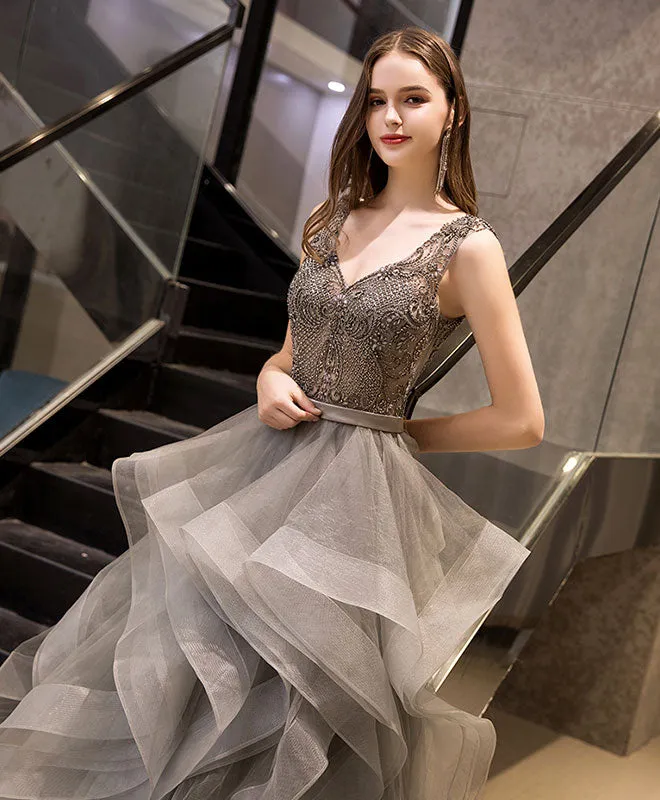 Gray V Neck Tulle Beads Long Prom Dress Gray Tulle Evening Dress