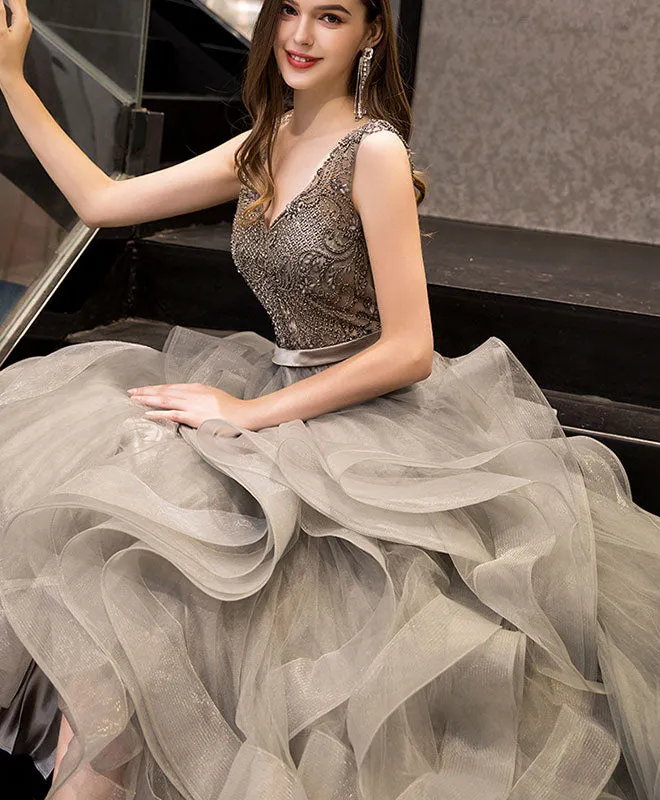 Gray V Neck Tulle Beads Long Prom Dress Gray Tulle Evening Dress