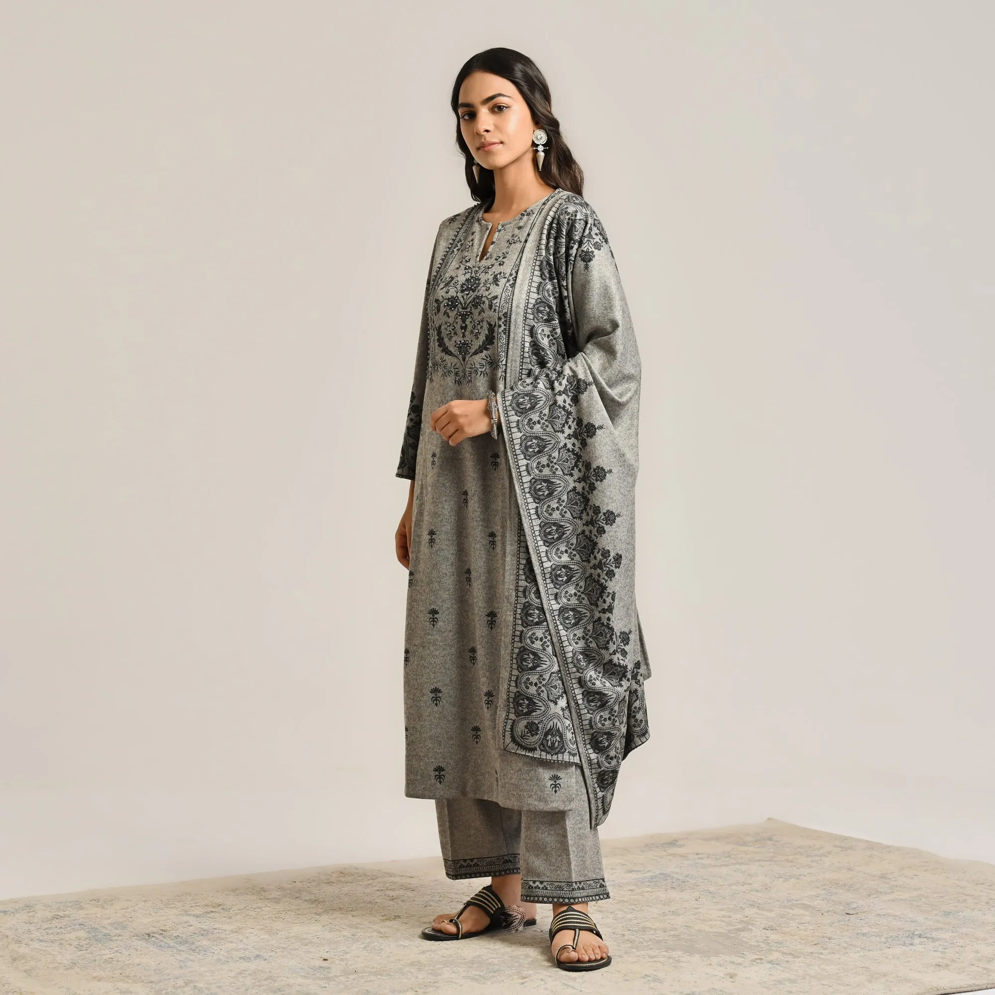 Grey Contemporary Embroidered Woollen Kurta Set with Dupatta