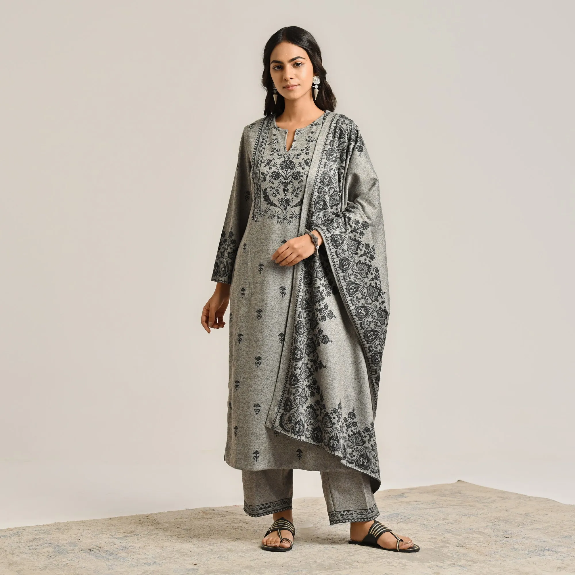 Grey Contemporary Embroidered Woollen Kurta Set with Dupatta